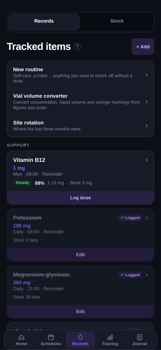Records: tracked items with amount, schedule, reminder and remaining stock