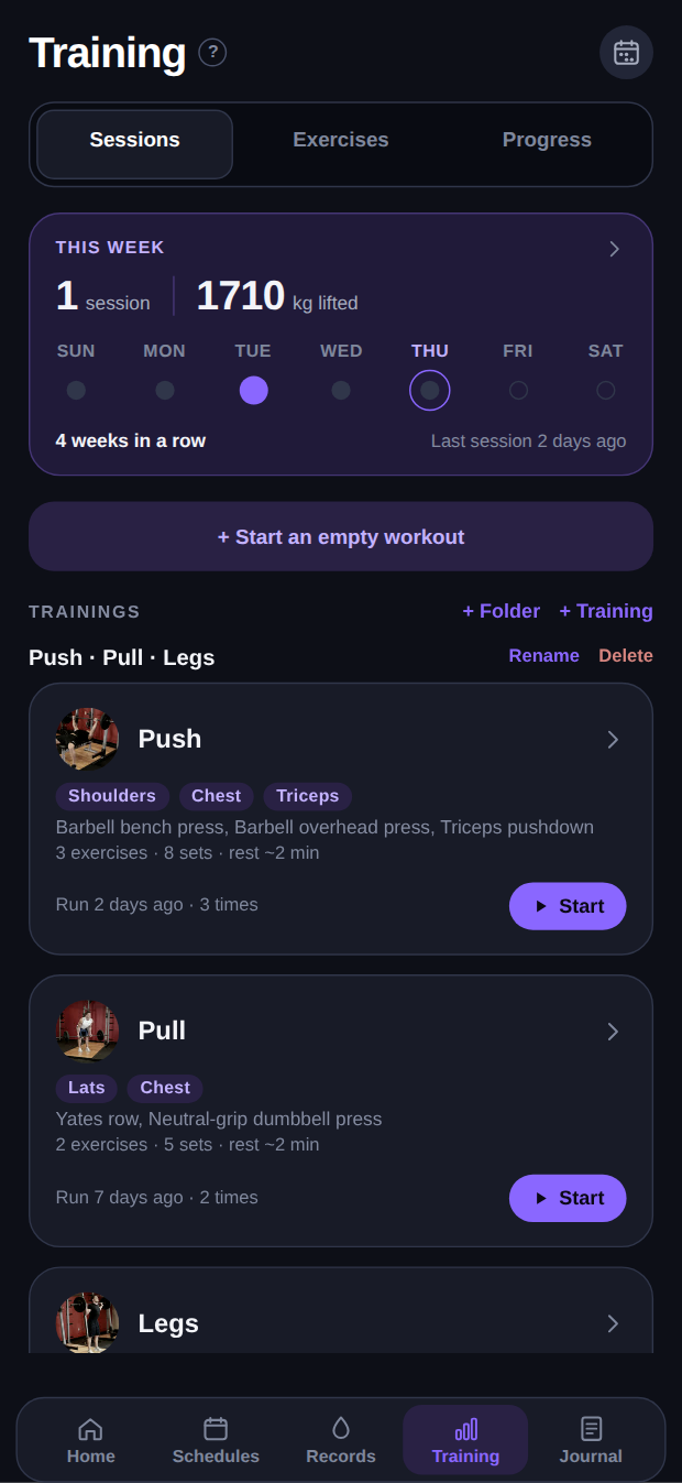 The Training tab: this week's sessions and the Push, Pull, Legs trainings