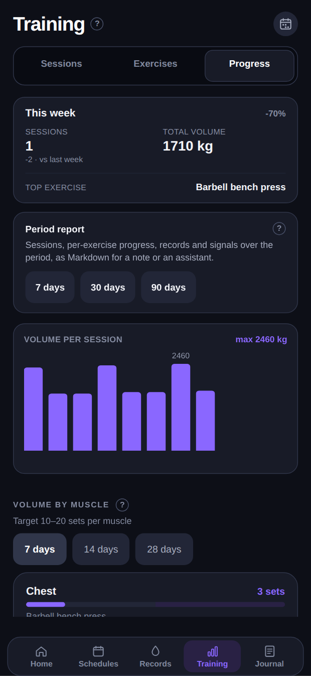 Progress view with weekly volume per session as a bar chart